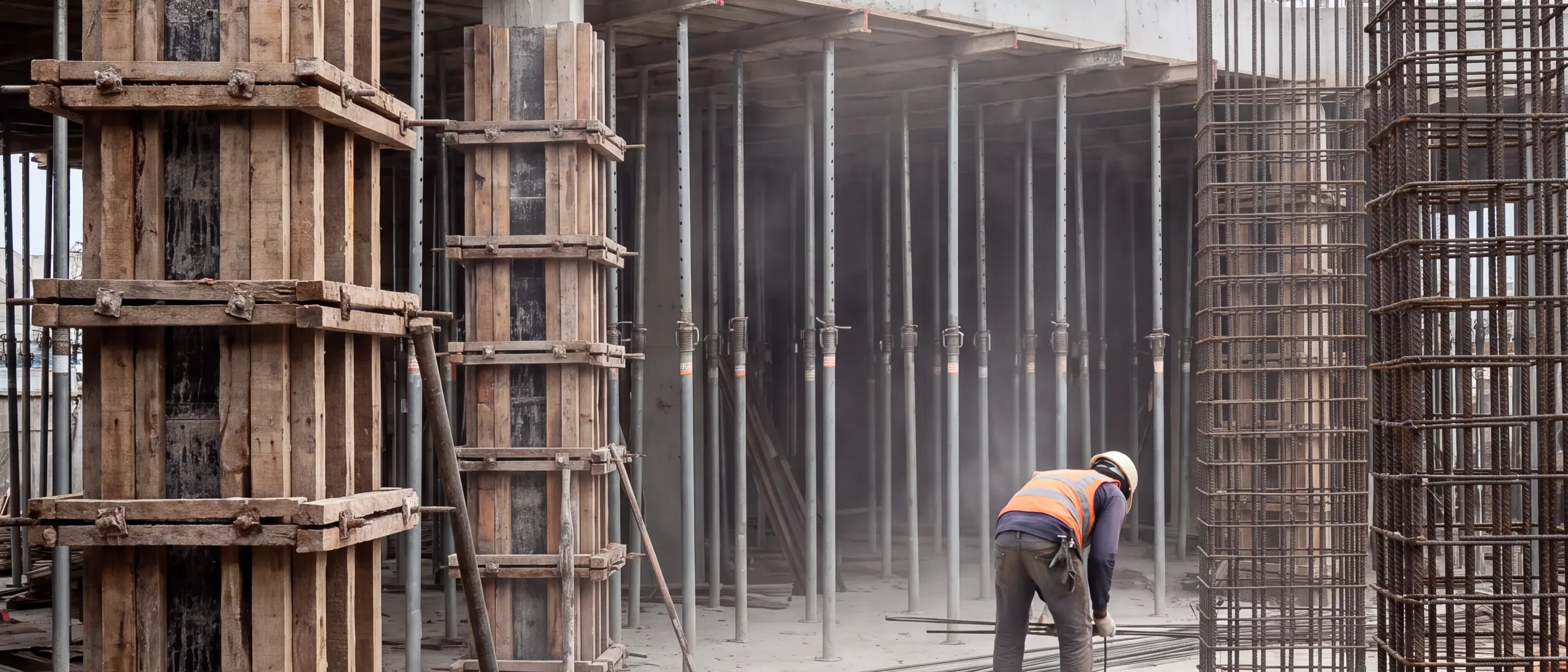 Pekerjaan struktur beton pada bangunan komersial di Serpong, bekisting kolom dan pelat lantai dua terpasang sementara pembesian masih berjalan di sisi kanan.