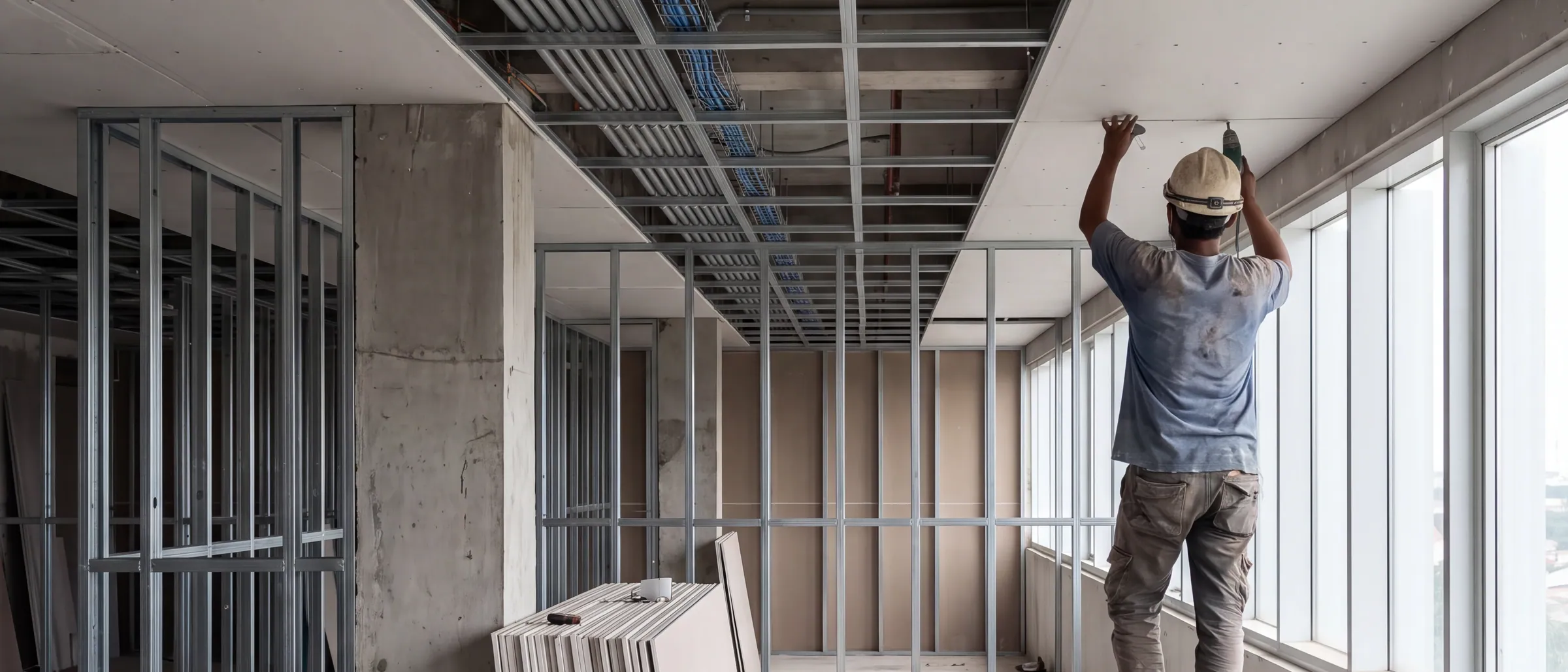 Pekerjaan ceiling dan partisi gypsum ruang kantor di BSD City, rangka hollow terpasang dan jalur kabel elektrikal sudah dirapikan di atas plafon.