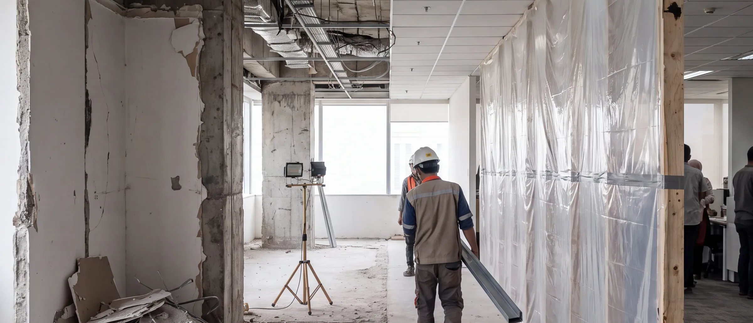 Pekerjaan renovasi lantai dua gedung operasional di Serpong, dinding partisi lama sudah dibongkar dan rangka partisi baru mulai dipasang.