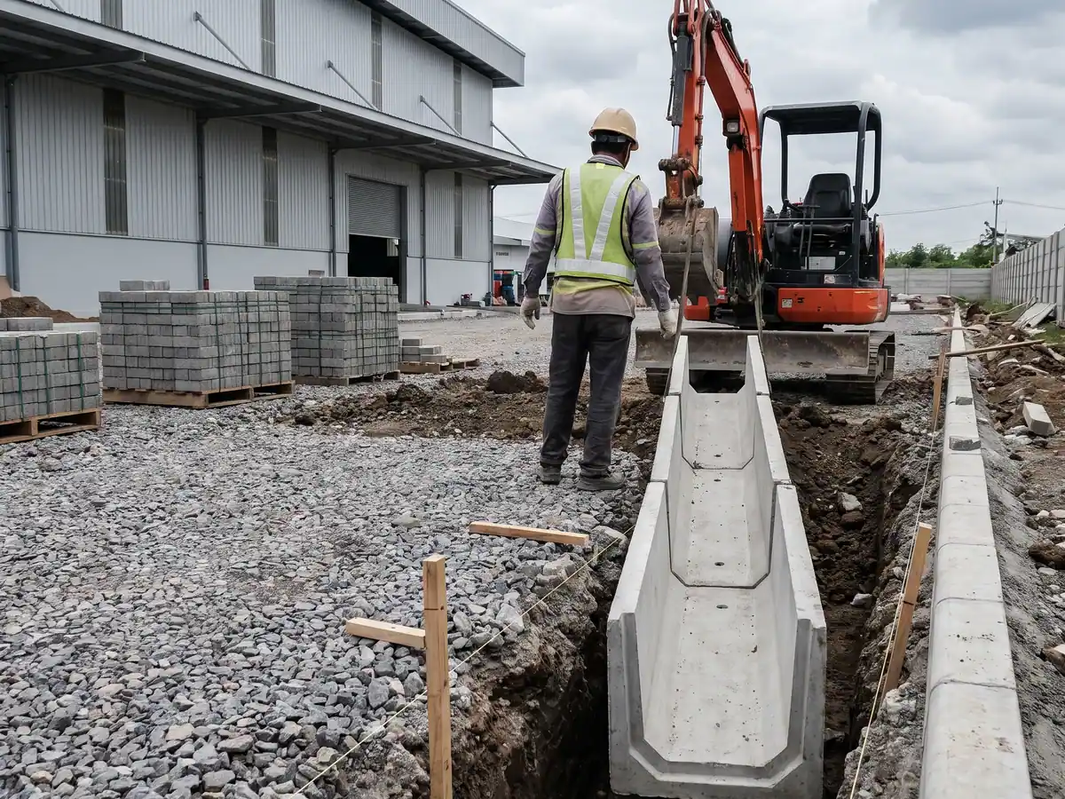 Pekerjaan saluran drainase beton pracetak di area luar warehouse Cikupa, galian sudah terbuka dan segmen saluran mulai dipasang berurutan.