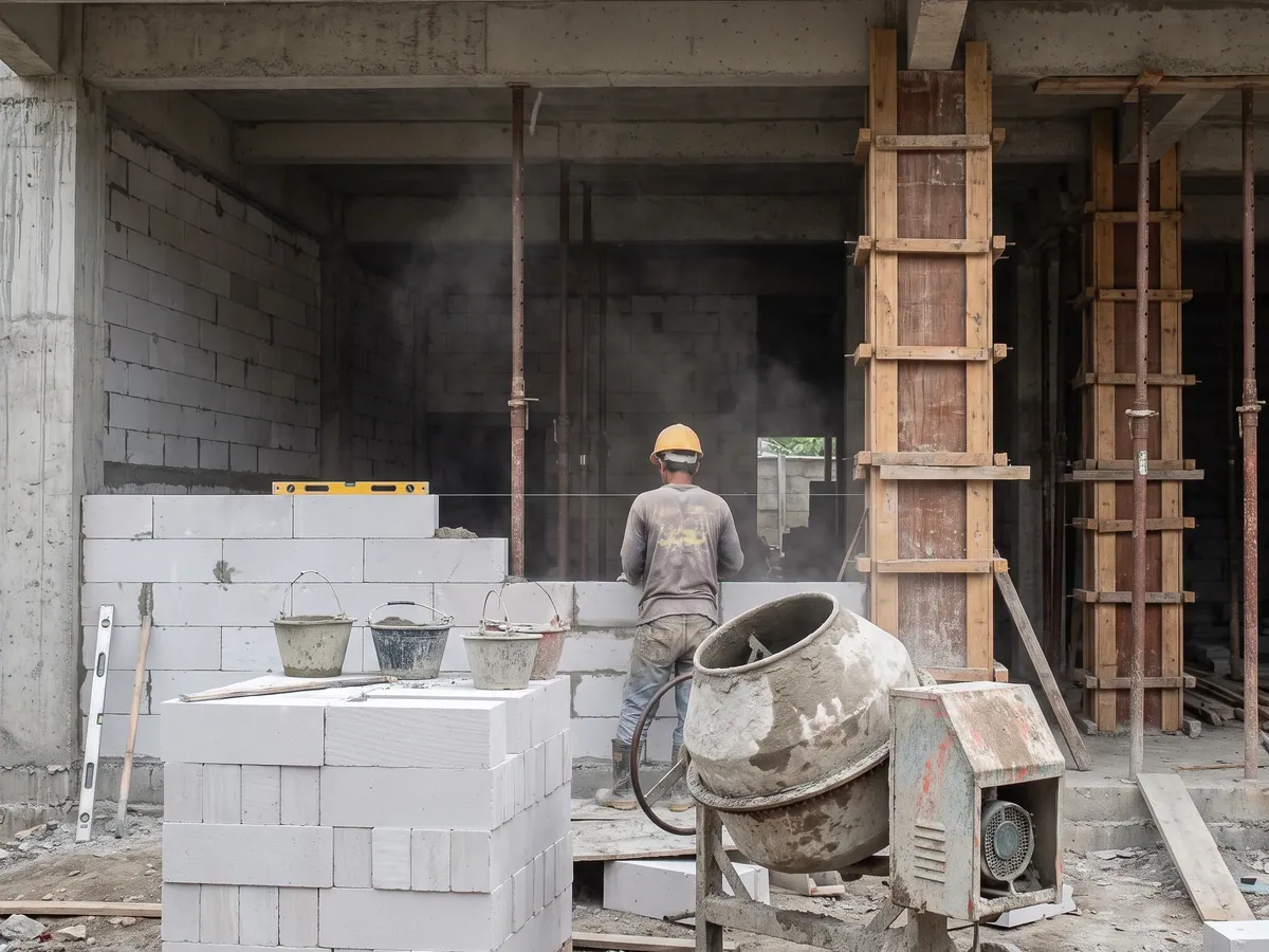 Struktur beton bertulang bangunan operasional dua lantai di Cikupa, kolom dan pelat lantai sudah dicor, bekisting masih terpasang sebagian.