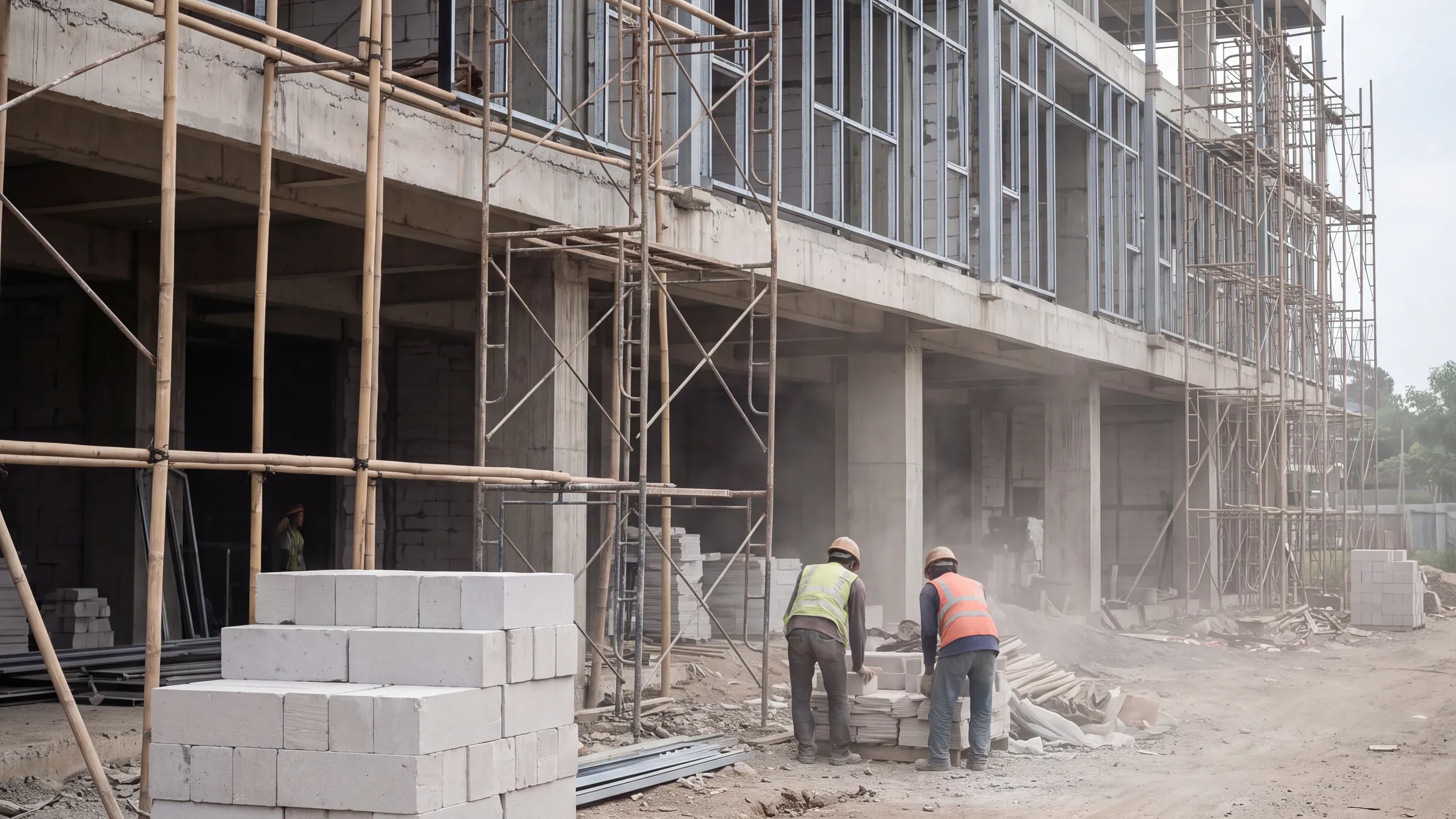 Gedung kantor komersial empat lantai dalam tahap pekerjaan struktur dan façade di Tangerang Selatan, perancah terpasang di seluruh muka bangunan dan material hebel tertumpuk di area kerja.