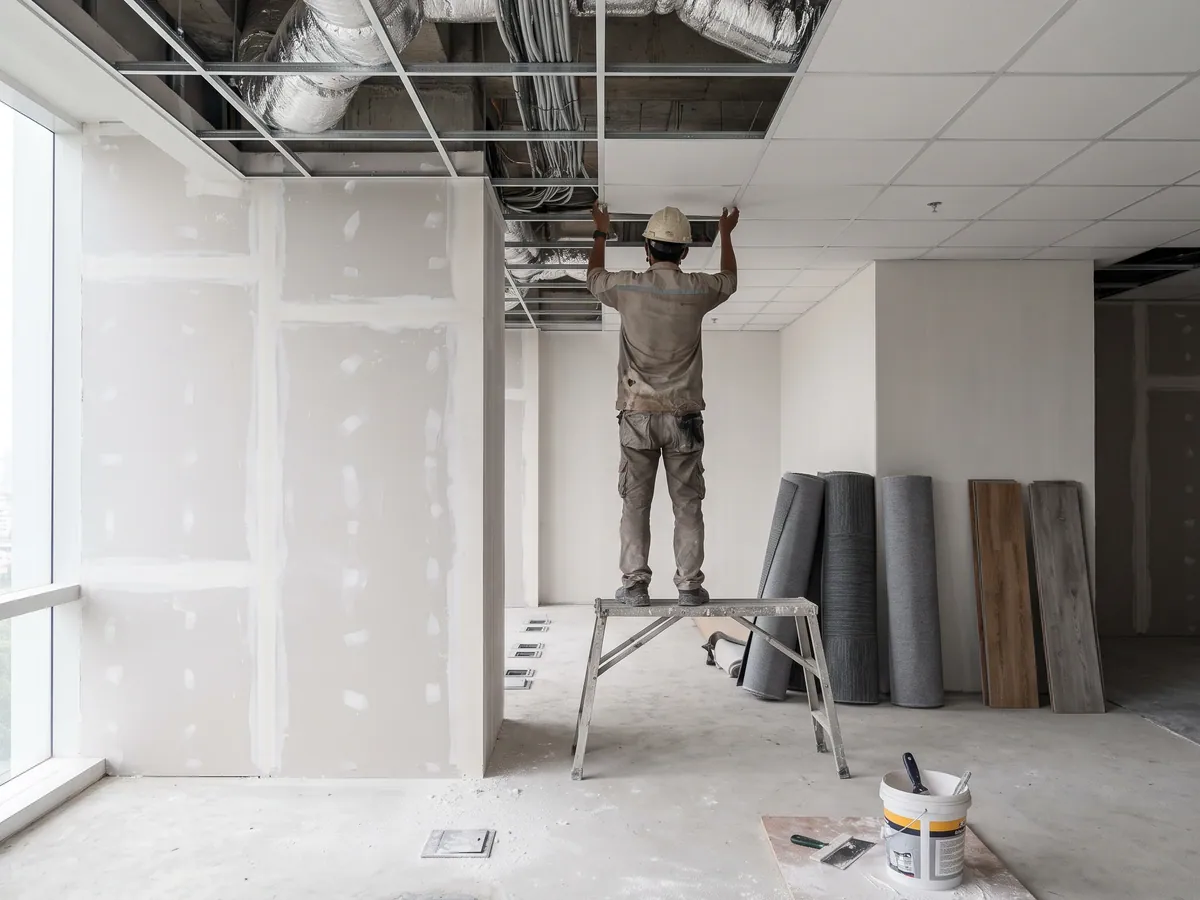 Pekerjaan ceiling dan partisi gypsum ruang kantor di BSD City, rangka hollow terpasang dan jalur kabel elektrikal sudah dirapikan di atas plafon.