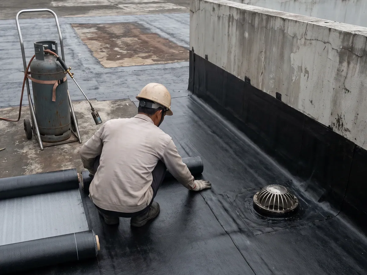 Pekerjaan waterproofing pada dak beton gedung operasional di Serpong, lapisan membran sedang digelar mengikuti arah pembuangan air.