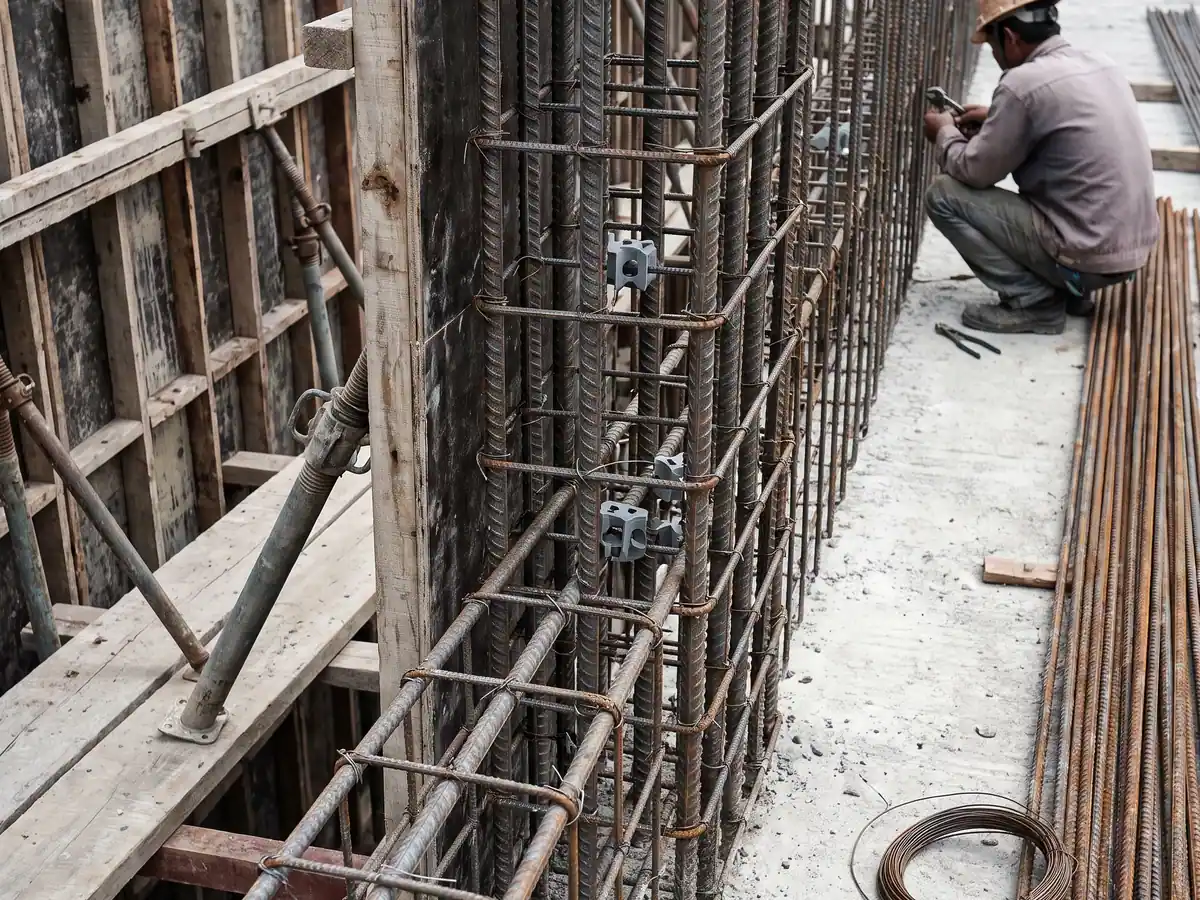 Rangka kuda-kuda baja warehouse Cikupa dilihat dari dalam bangunan, kolom baja dan gording sudah terpasang penuh.
