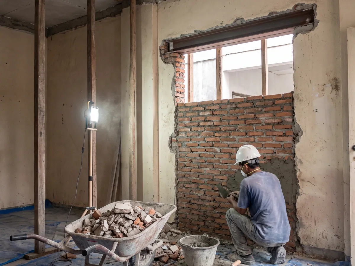 Pekerjaan renovasi lantai dua gedung operasional di Serpong, dinding partisi lama sudah dibongkar dan rangka partisi baru mulai dipasang.