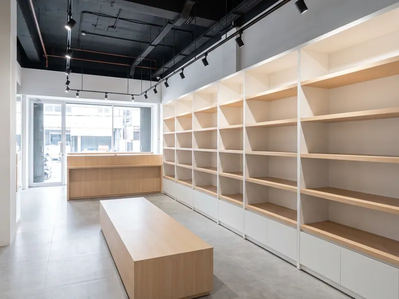 Area display toko retail di Jakarta Selatan setelah fit-out, rak display custom dan jalur pencahayaan trek sudah terpasang di sepanjang dinding.