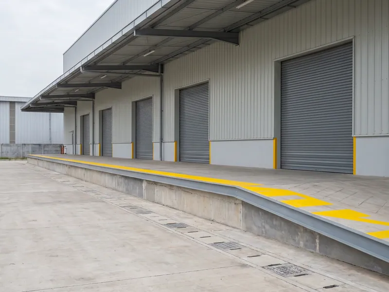 Bangunan warehouse Cikupa dilihat dari sisi timur setelah selesai, dinding metal cladding dan area loading dock beton sudah dapat dipakai.