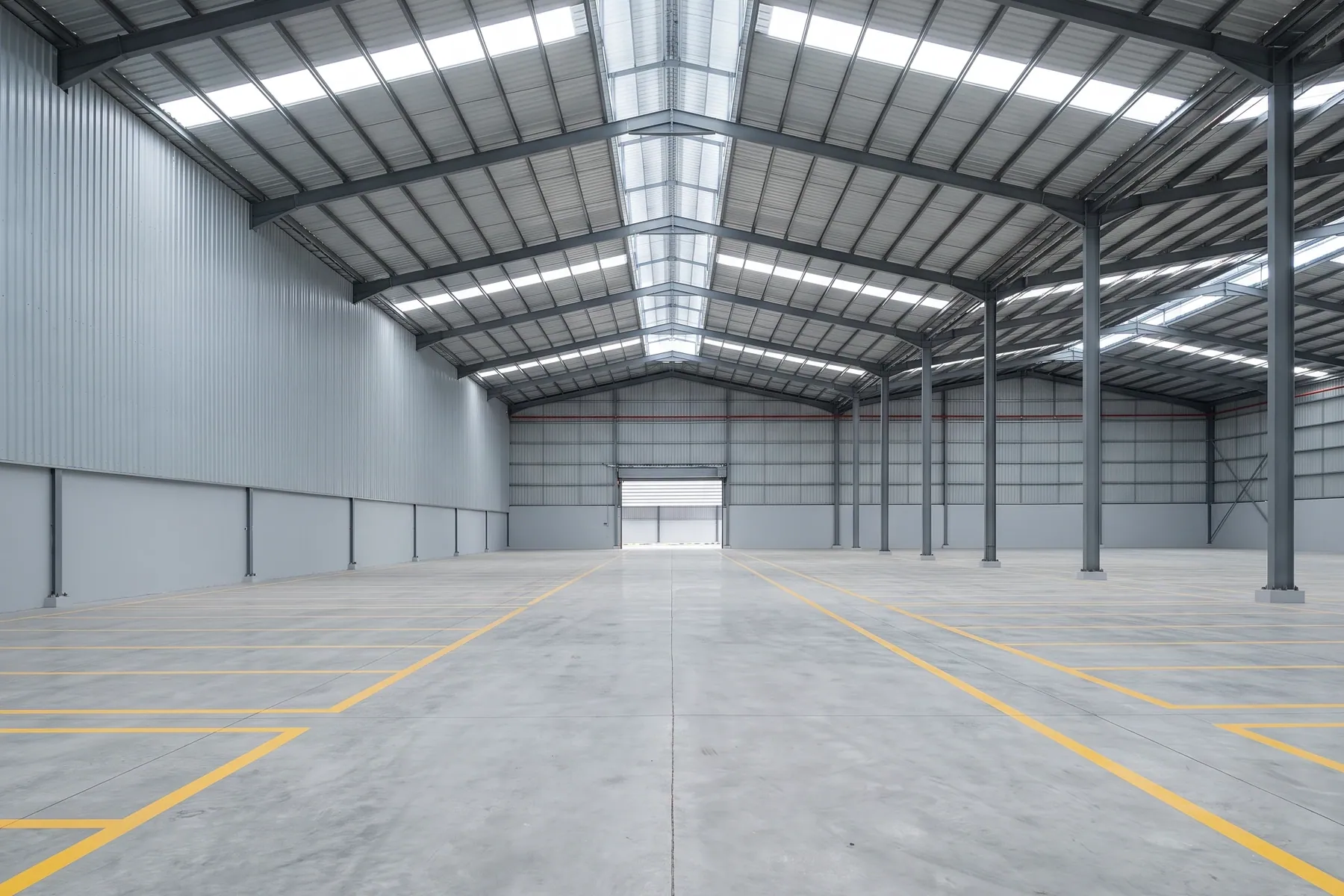 Interior warehouse Cikupa setelah selesai, rangka baja atap bentang lebar tanpa kolom tengah dan lantai beton yang sudah dihaluskan siap menerima racking.