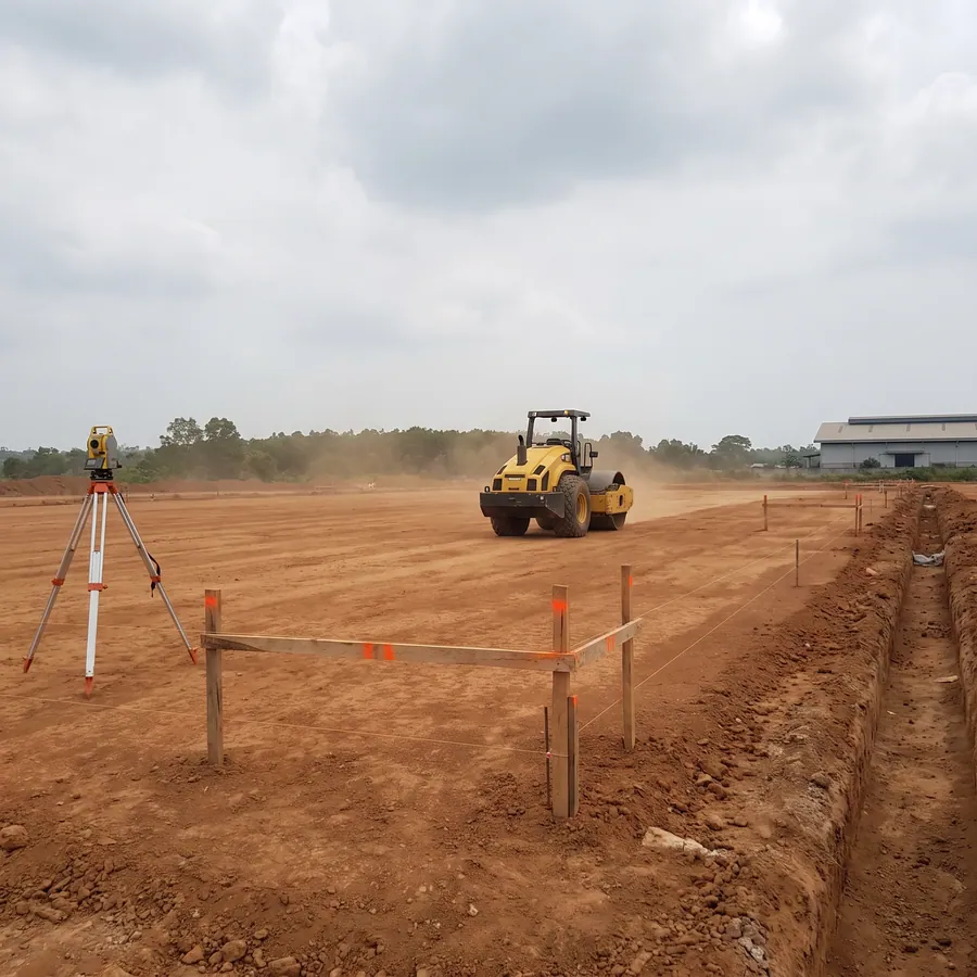 Lahan warehouse Cikupa pada tahap site preparation, permukaan tanah sudah diratakan dan patok pengukuran terpasang di sepanjang batas bangunan. Tahap sebelum.