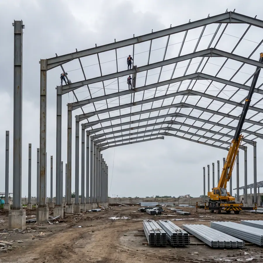 Tahap erection struktur baja warehouse Cikupa, kolom baja sudah berdiri dan rangka kuda-kuda atap terpasang sebagian dari sisi utara. Tahap proses.
