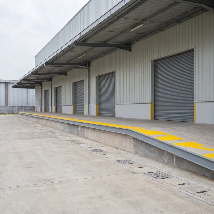 Warehouse Cikupa setelah selesai dilihat dari area loading dock, pintu dock dan perkerasan halaman sudah dapat dipakai. Tahap selesai.